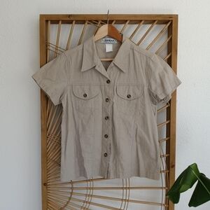 Vintage Linen Button Front Short Sleeve Shirt Minimalist Neutral
